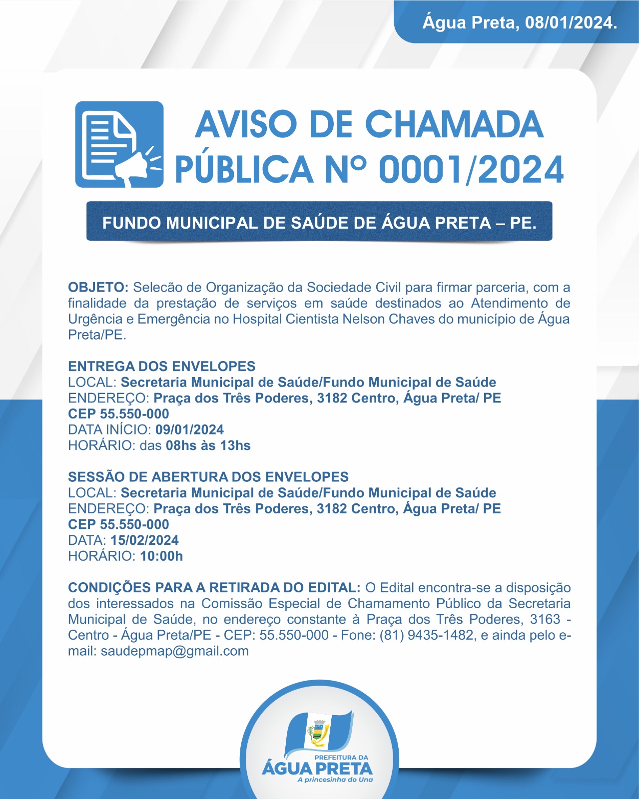 AVISO DE CHAMADA PÚBLICA Nº 001/2024- Fundo Municipal de Saúde de Água Preta